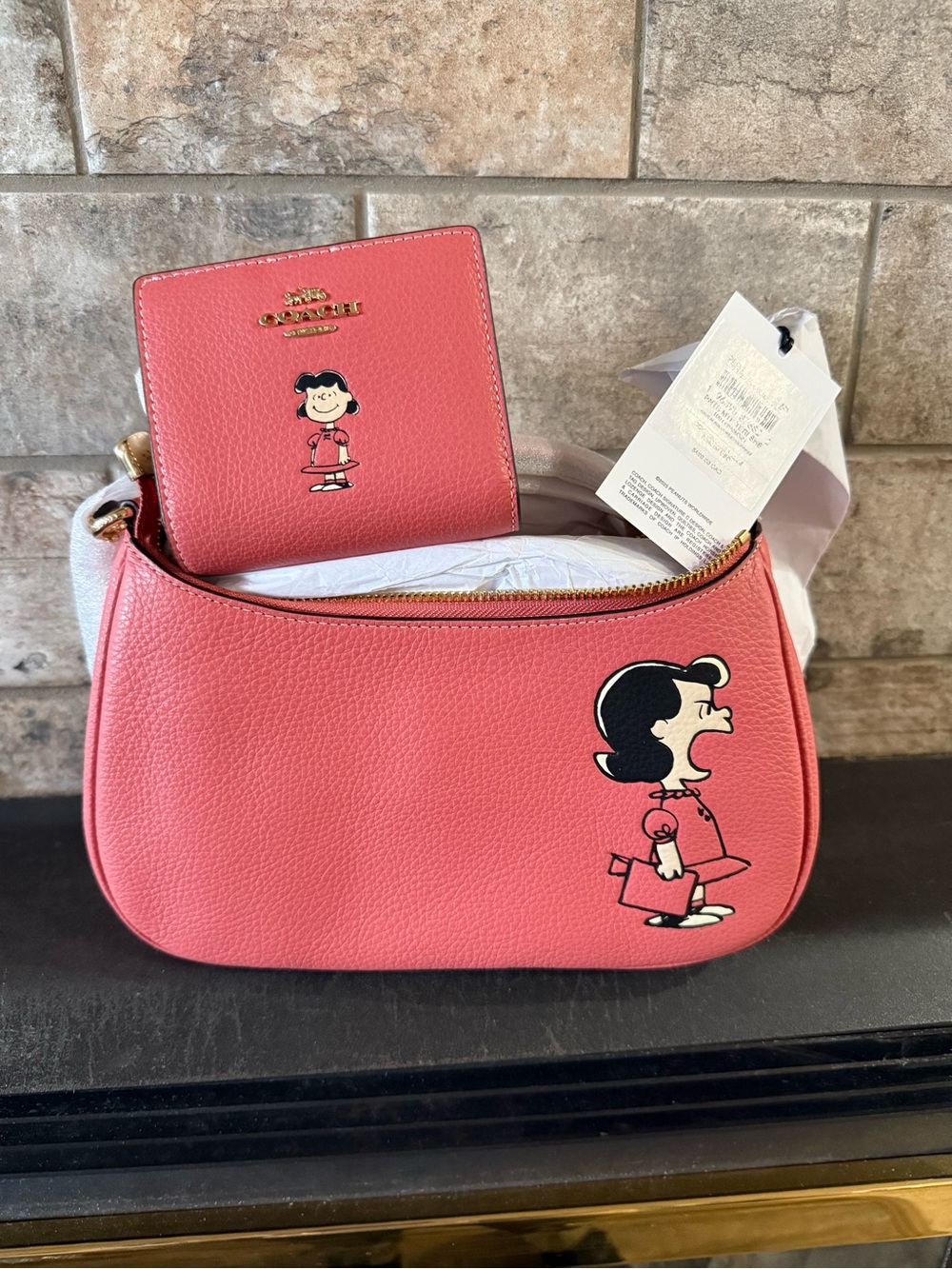 Coach Lucy Peanuts Coral Pink Leather Shoulder Bag with Matching Wallet